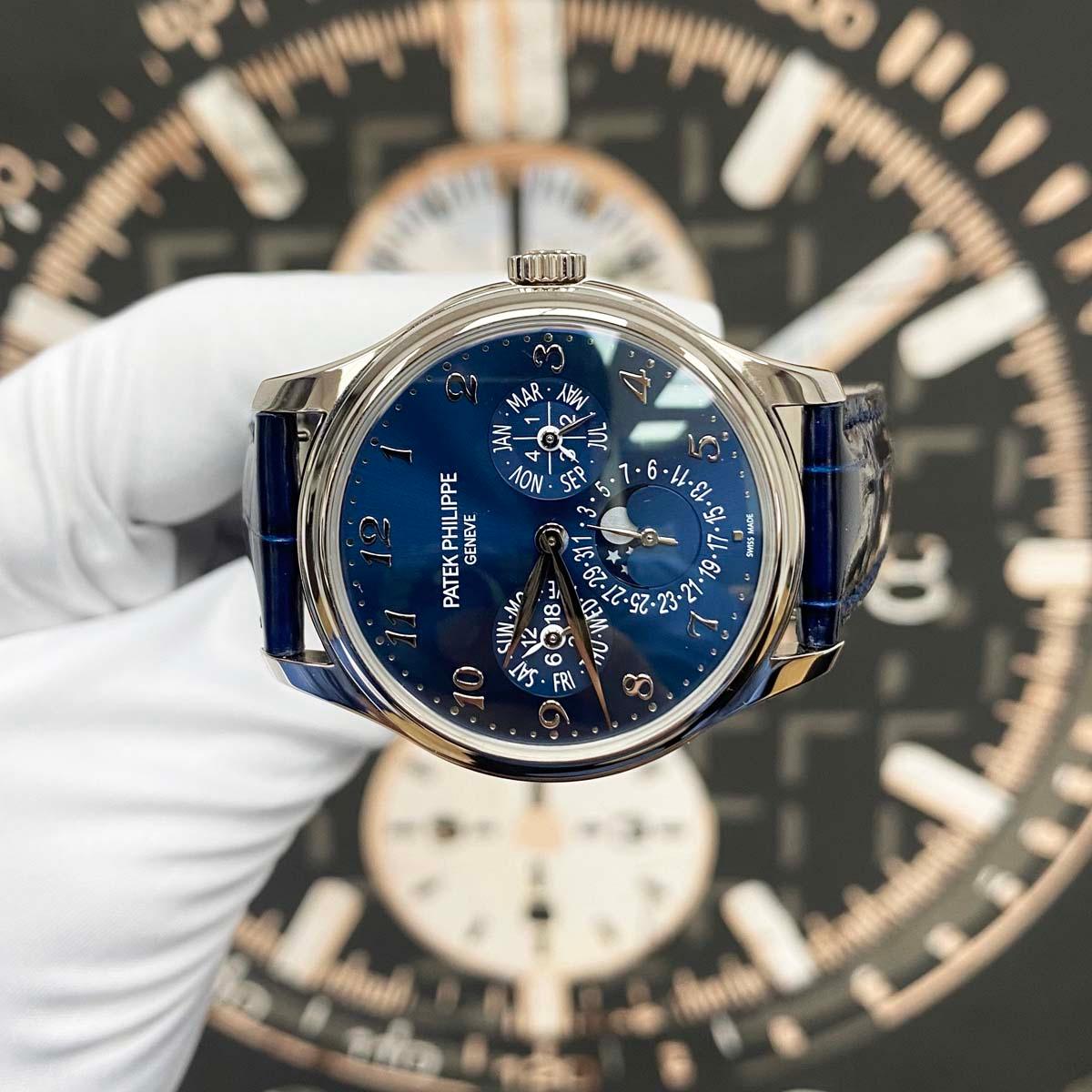 Patek Philippe Extra-Thin Grand Complications Perpetual Calendar Moon Phase 39mm 5327G Blue Dial Pre-Owned - Gotham Trading 