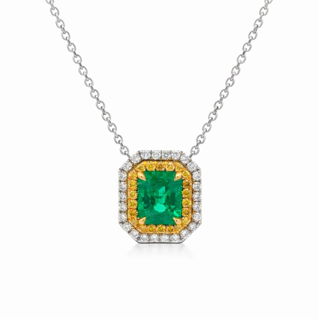 18K WG 1.40 CT NTRL EMERAL 0.50 CT NTRL DIA HALO NECKLACE
