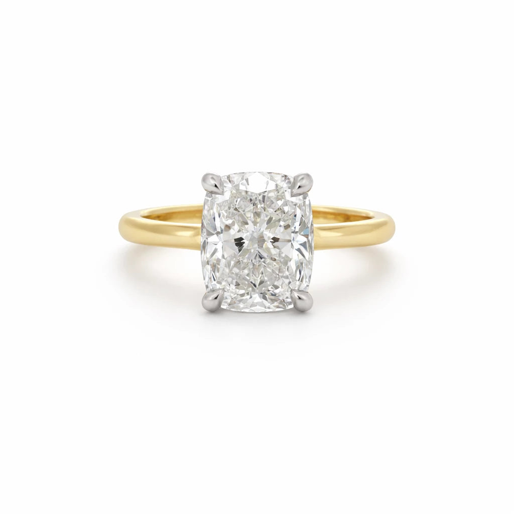 18K Y & Plat 5.07 Ct LGD E Vs1 Cushion Cut GIA Plain Band Ring