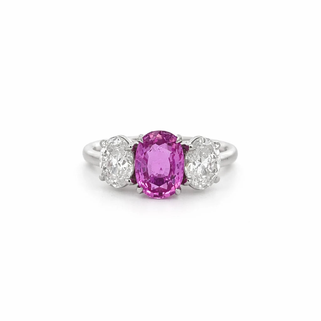 Oval Purplish-Red Sapphire and Diamond Trilogy Ring in Polished White Gold