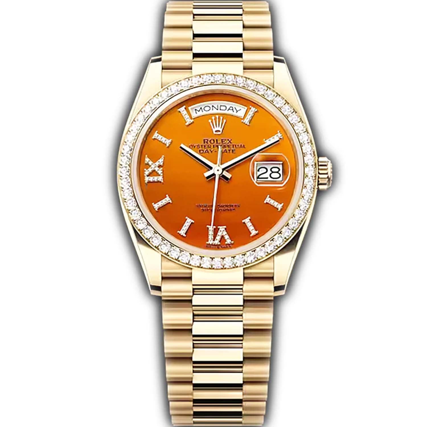 Rolex Day-Date 36 Yellow Gold Carnelian Dial Diamond Bezel 128348RBR