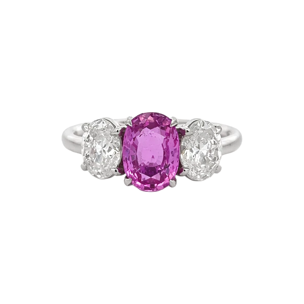 Oval Purplish-Red Sapphire and Diamond Trilogy Ring in Polished White Gold