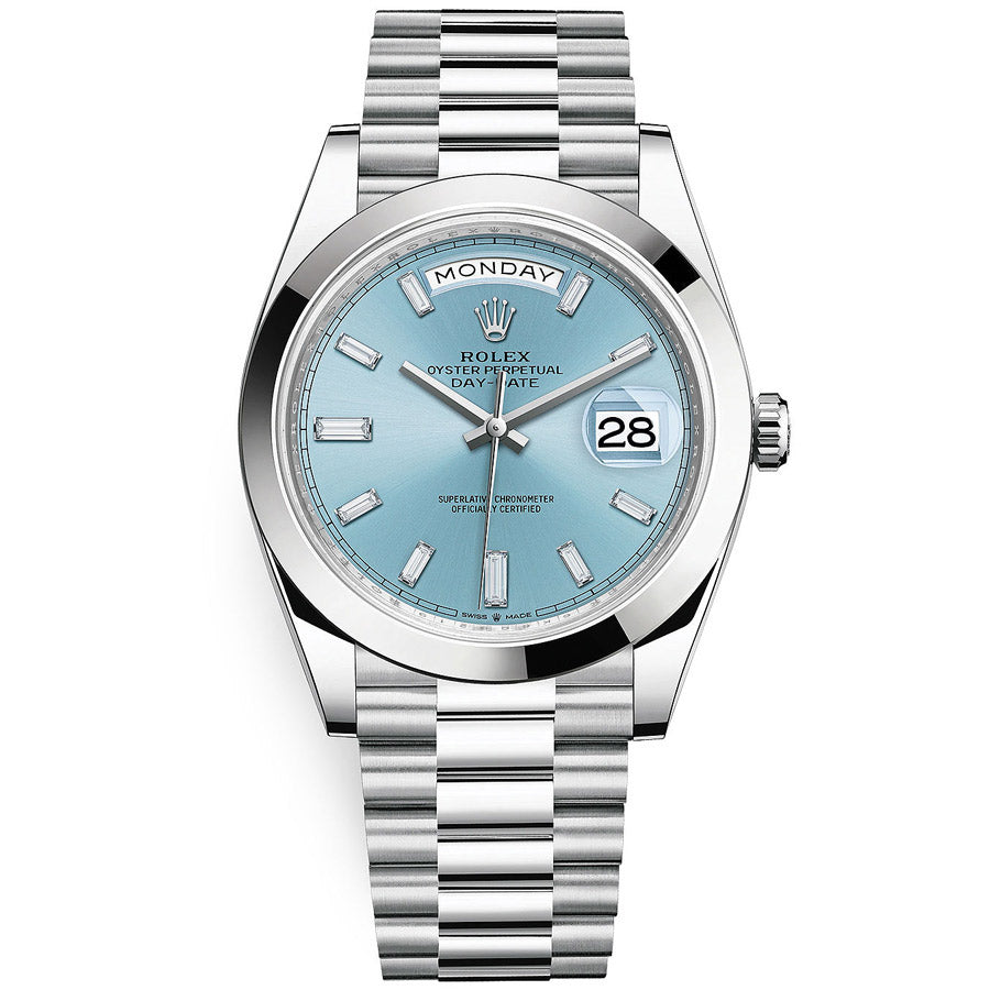 Rolex Day-Date 40 Platinum Presidential 228206 Smooth Bezel Baguette Diamond Ice Blue Dial