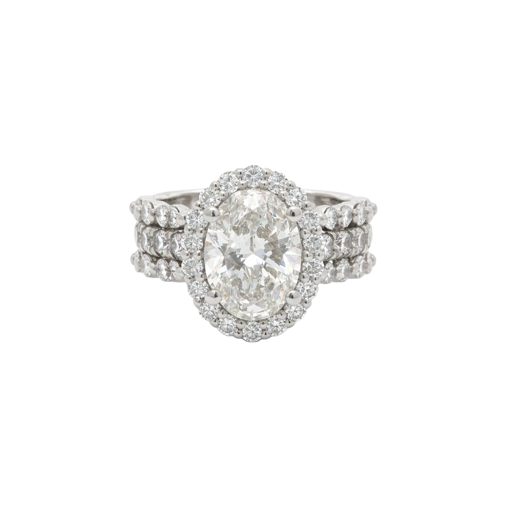 Platinum 2.53Ct F VS1 LGD Oval - 1.42Ct LGD Halo & Triple Band Ring