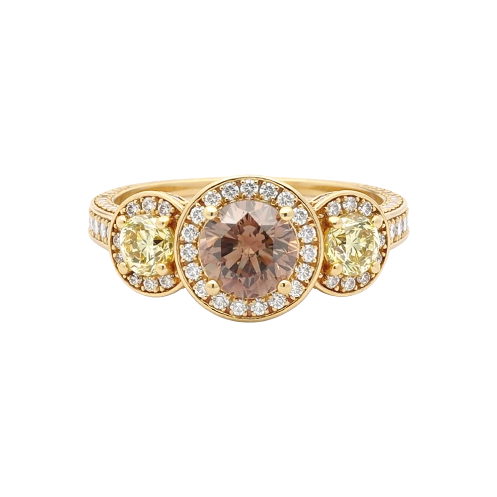 18KT Yellow Gold Ring 1.75CT Round Brilliant Cut Chocolate Diamond and 2 1.00CTTW Round Brilliant Cut White Diamond w/ Trpl Halo 44RD Light Yellow Fancy Dia 0.44CTTW and 150RD White Dia 1.50CTTW