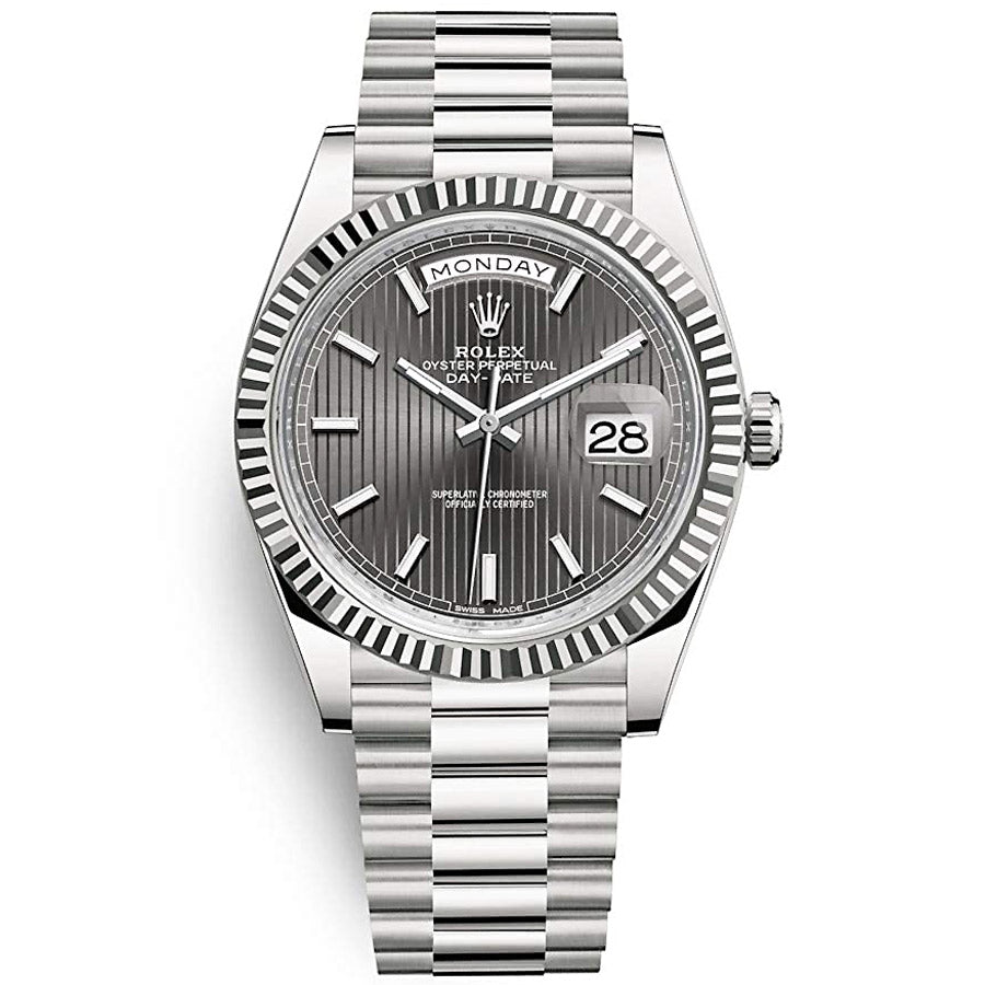 Rolex Day-Date 40 Presidential 228239 Fluted Bezel Dark Rhodium Stripe Motif Dial