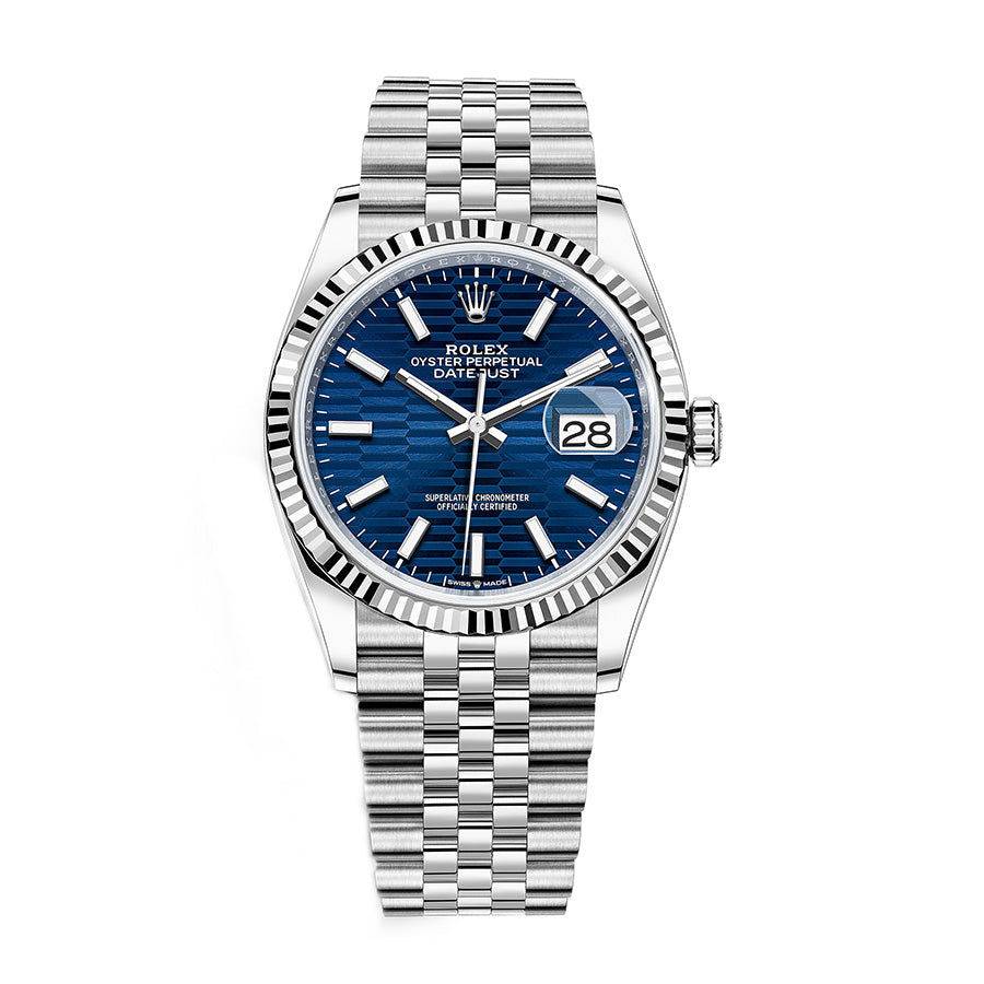 Rolex Datejust Bright Blue Fluted Motif Dial Fluted Bezel 36mm 126234