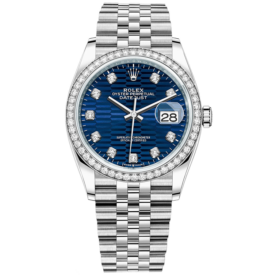 Rolex Datejust Bright Blue Fluted Motif Diamond Dial Diamond Bezel 36mm 126284RBR