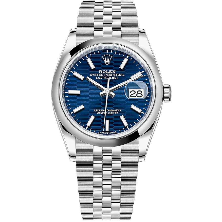 Rolex Datejust Bright Blue Fluted Motif Dial Domed Bezel 36mm 126200