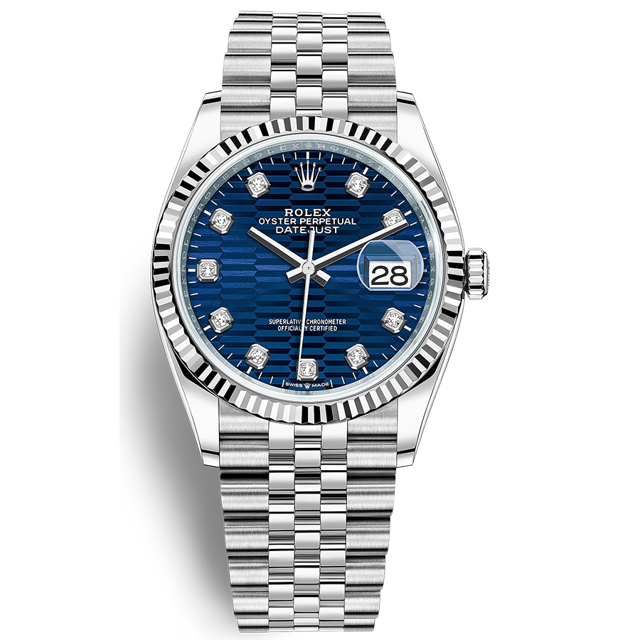 Rolex Datejust II Bright Blue, Fluted Motif Diamond Fluted Dial 36mm 126234