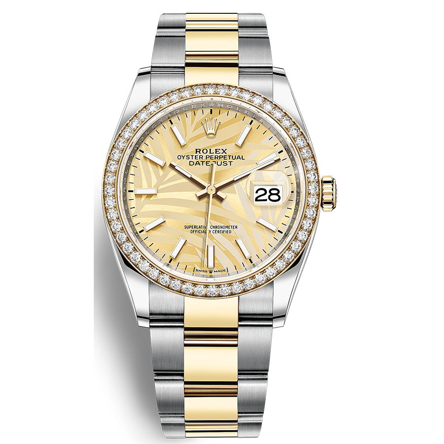 Rolex Datejust Golden Palm Motif Dial Diamond Bezel 36mm 126283RBR