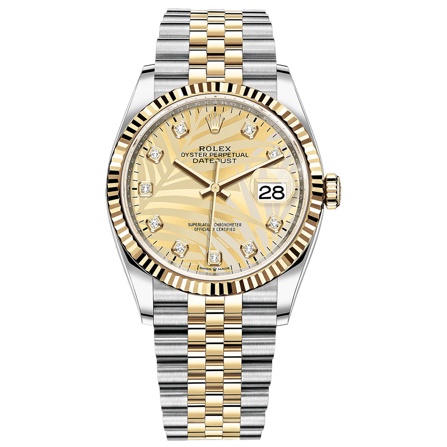 Rolex Datejust Golden Palm Motif Diamond Dial Fluted Bezel 36mm 126233