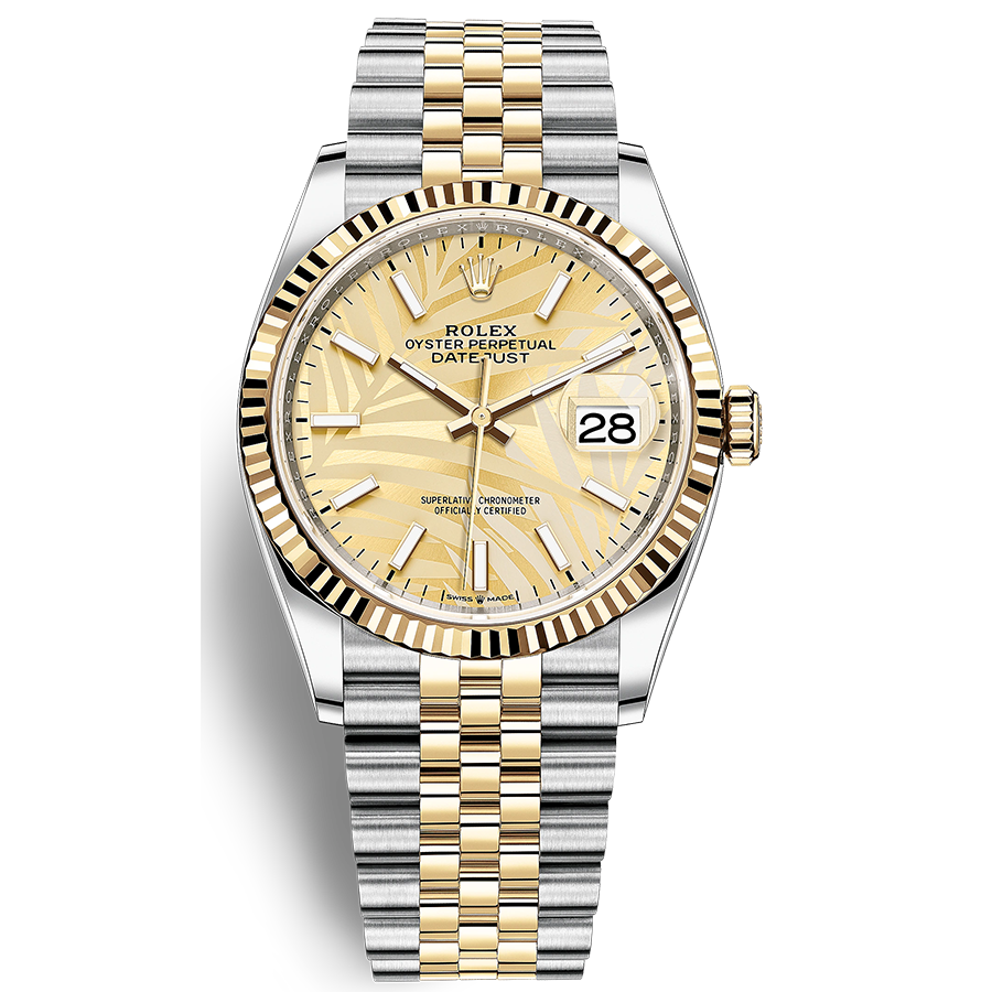 Rolex Datejust Golden Palm Motif Dial Fluted Bezel 36mm 126333