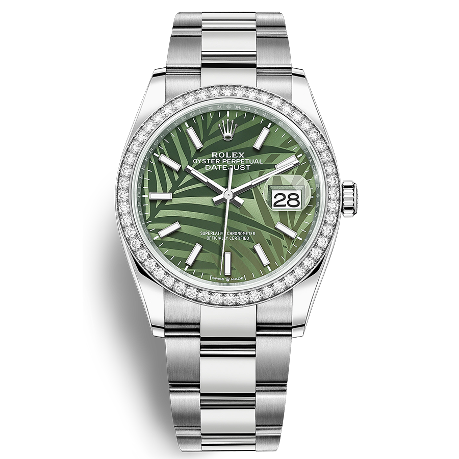 Rolex Datejust Olive Green, Palm Motif Dial Diamond Bezel 36mm 126284RBR\