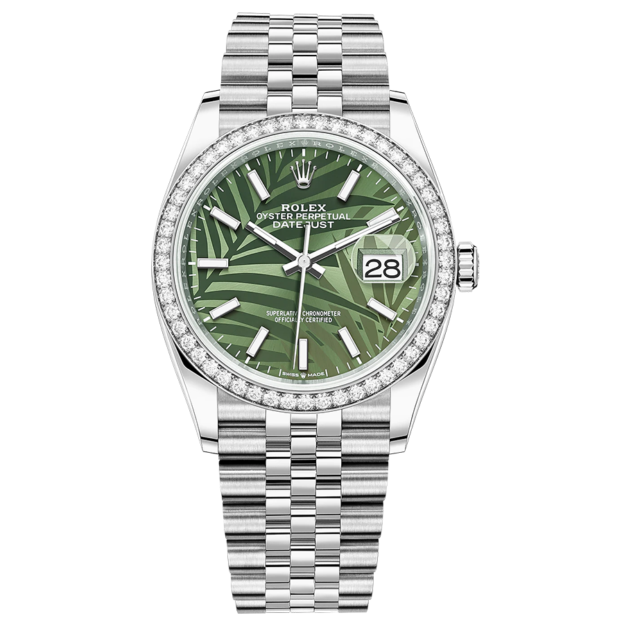 Rolex Datejust Olive Green Palm Motif Dial Diamond Bezel 36mm 126284RBR