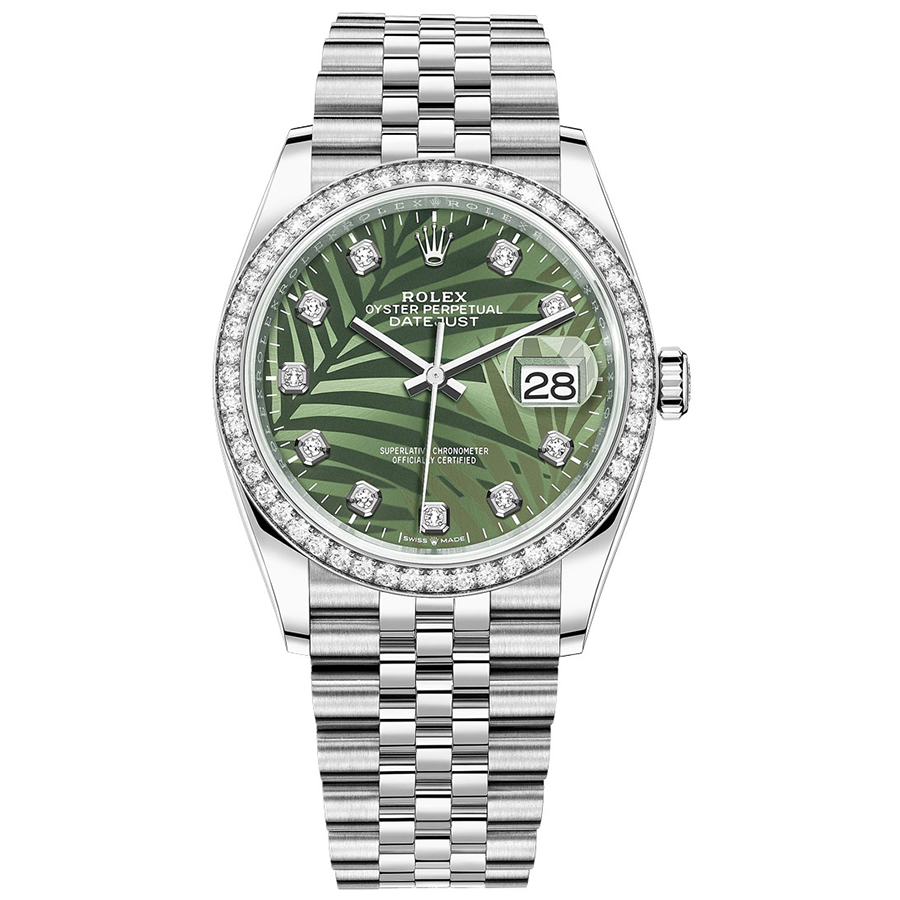 Rolex Datejust Olive Green Palm Motif Diamond Dial Diamond Bezel 36mm 126284RBR