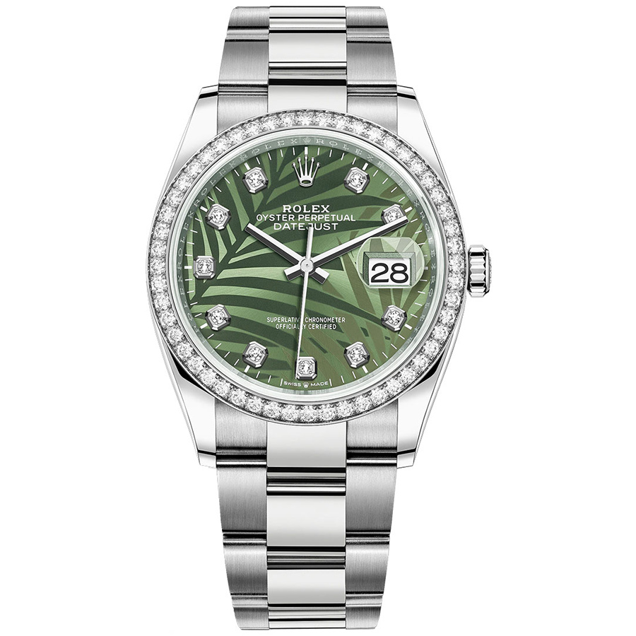 Rolex Datejust Olive Green Palm Motif Diamond Dial Diamond Bezel 36mm 126284RBR