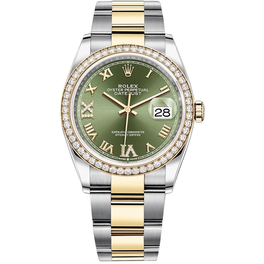 Rolex Datejust Olive Green Roman Numeral Dial Diamond Bezel 36mm 126283RBR