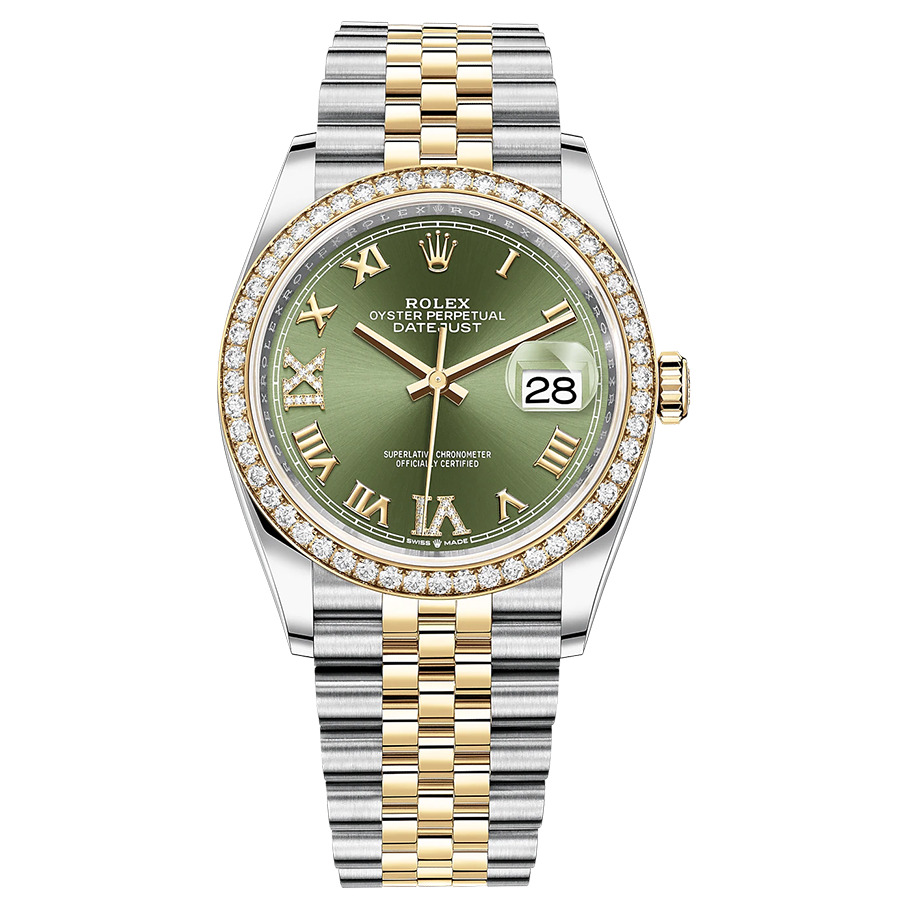 Rolex Datejust Olive Green Roman Numeral Dial Diamond Bezel 36mm 126283RBR