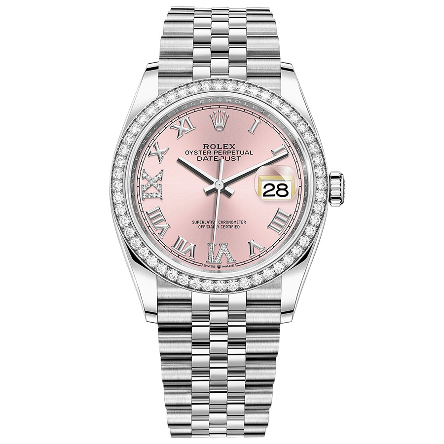 Rolex Datejust Pink Roman Numeral Dial Diamond Bezel 36mm 126284RBR