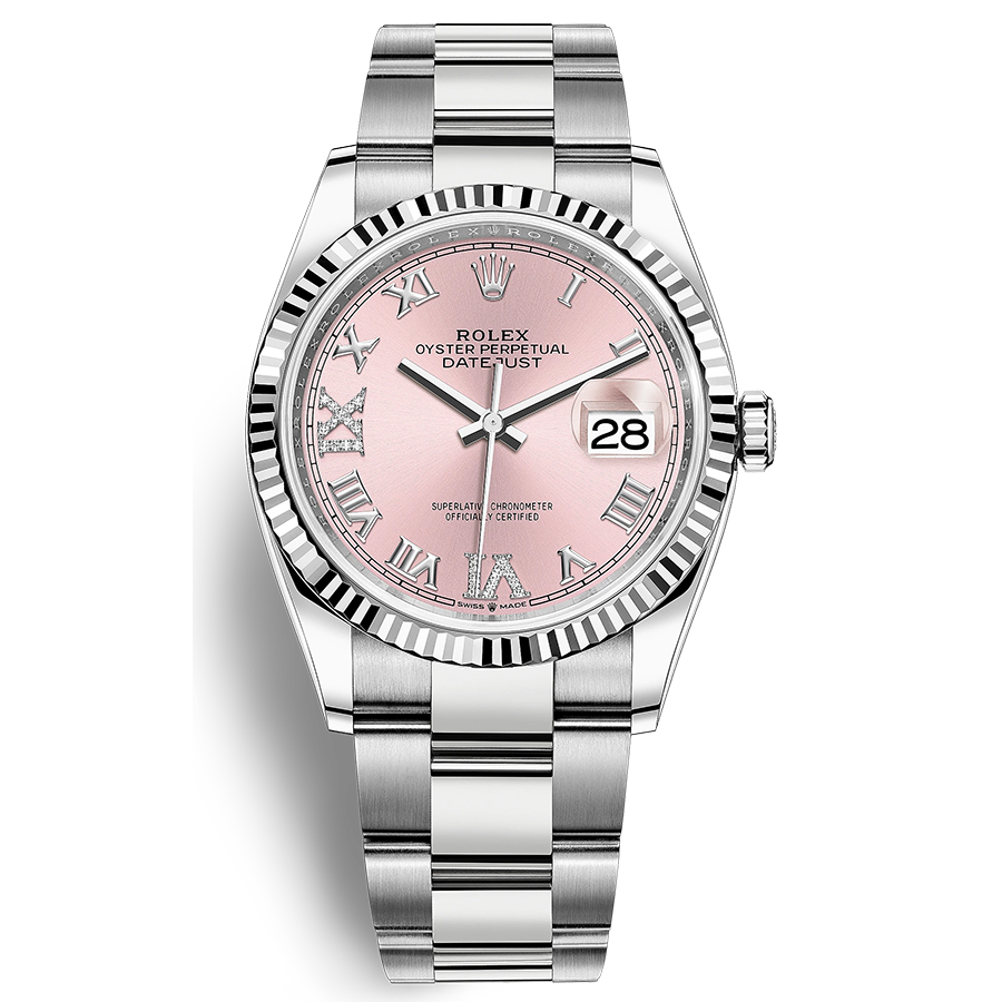 Rolex Datejust II Pink Roman Numeral Diamond Fluted Dial 36mm 126234