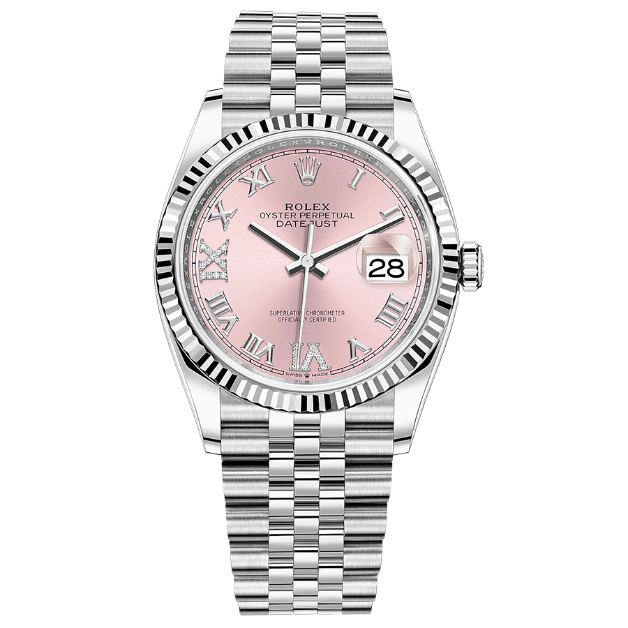 Rolex Datejust Pink Roman Numeral Diamond Dial Fluted Bezel 36mm 126234