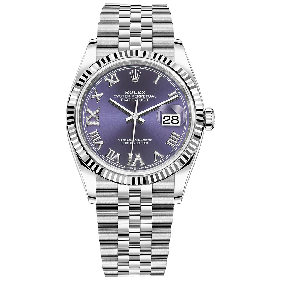 Rolex Datejust Purple Roman Numeral Diamond Dial Fluted Bezel 36mm 126234