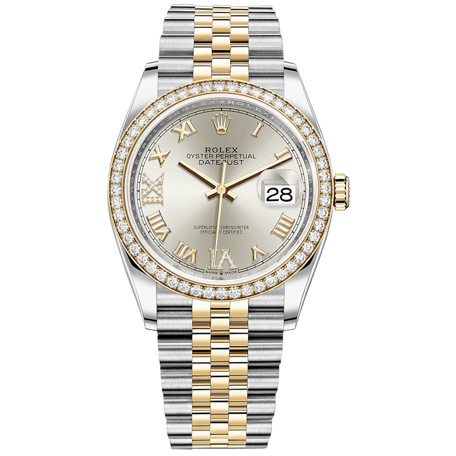 Rolex Datejust Silver Roman Numeral Dial Diamond Bezel 36mm 126283RBR