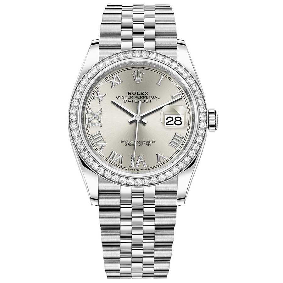 Rolex Datejust Silver Roman Numeral Dial Diamond Bezel 36mm 126284RBR