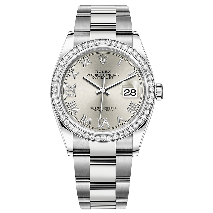 Rolex Datejust Silver Diamond Roman Numeral Dial Diamond Bezel 36mm 126284RBR