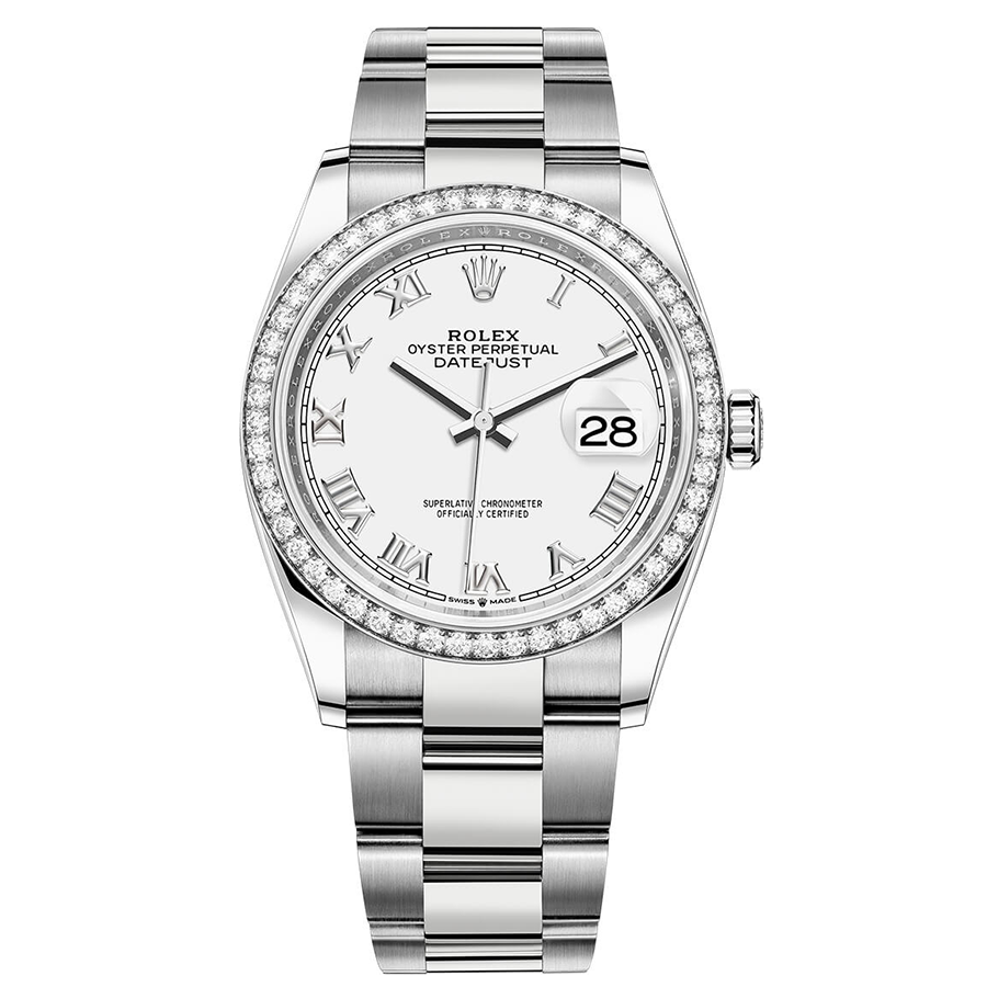 Rolex Datejust White Roman Numeral Dial Diamond Bezel 36mm 126284RBR