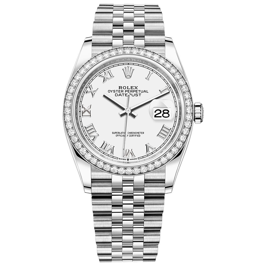 Rolex Datejust White Roman Numeral Dial Diamond Bezel 36mm 126284RBR