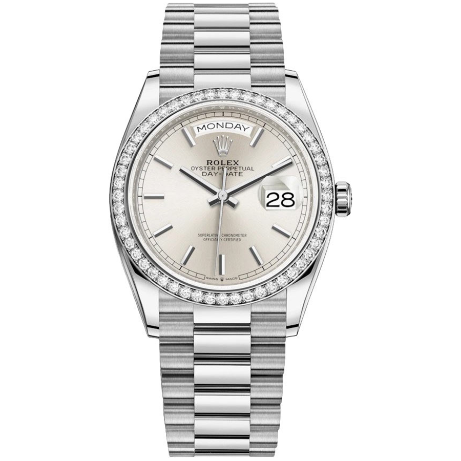 Rolex Day-Date Silver Dial Diamond Bezel 36mm 128349RBR