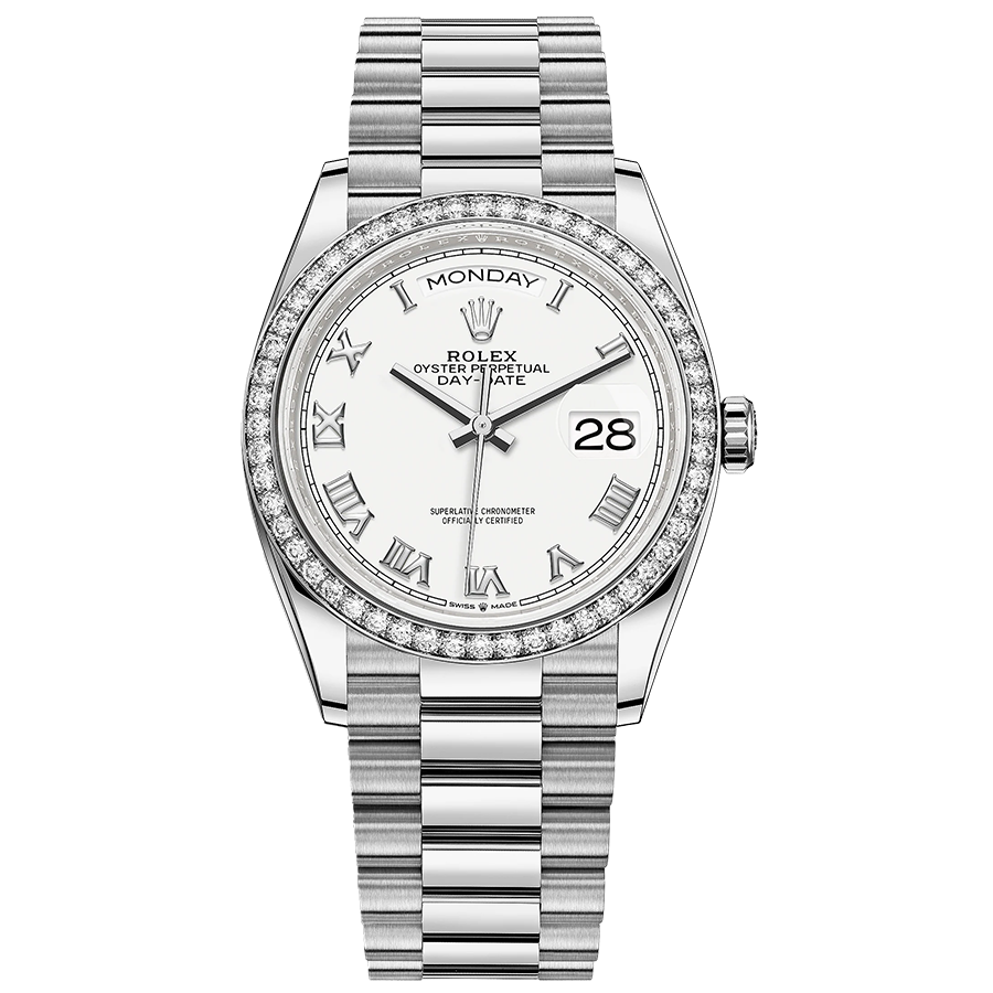 Rolex Day-Date White Roman Numeral Dial Diamond Bezel 36mm 128349RBR