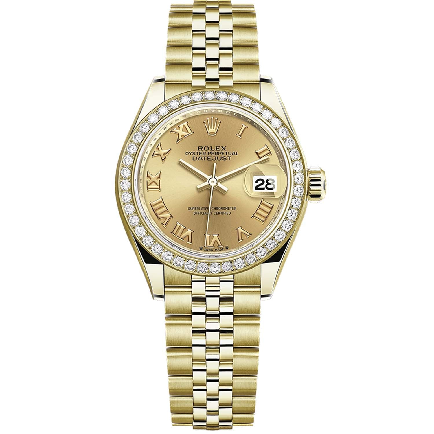 Rolex Lady-Datejust Champagne Roman Numeral Dial Diamond Bezel 28mm 279138RBR