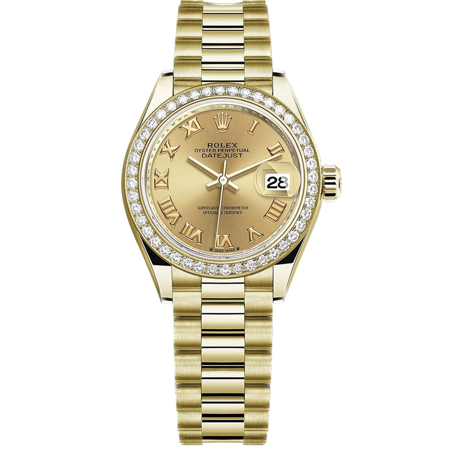 Rolex Lady-Datejust Champagne Roman Numeral Dial Diamond Bezel 28mm 279138RBR