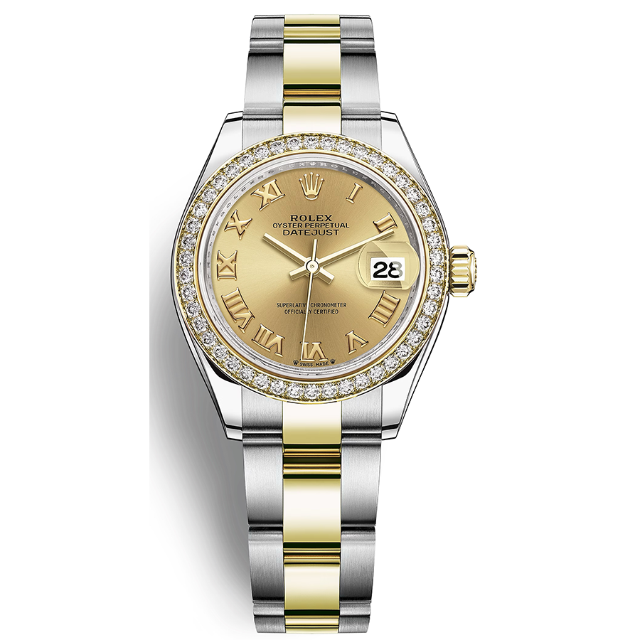 Rolex Lady-Datejust Champagne Roman Numeral Dial Diamond Bezel 28mm 279383RBR