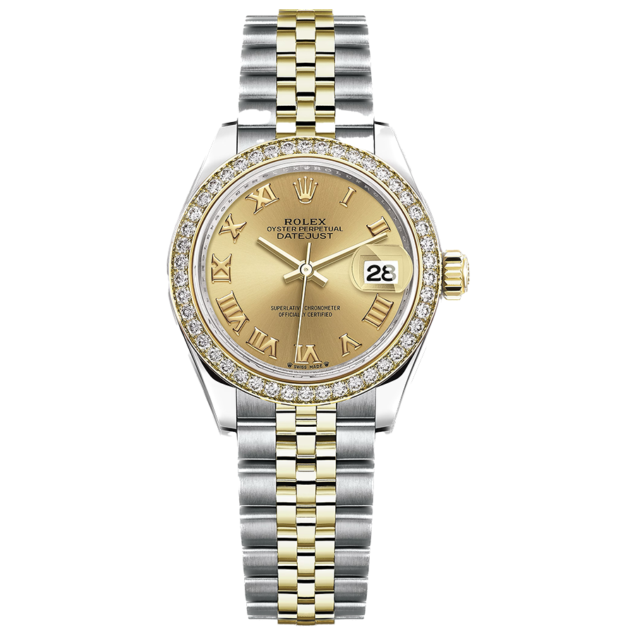 Rolex Lady-Datejust Champagne Roman Numeral Dial Diamond Bezel 28mm 279383RBR