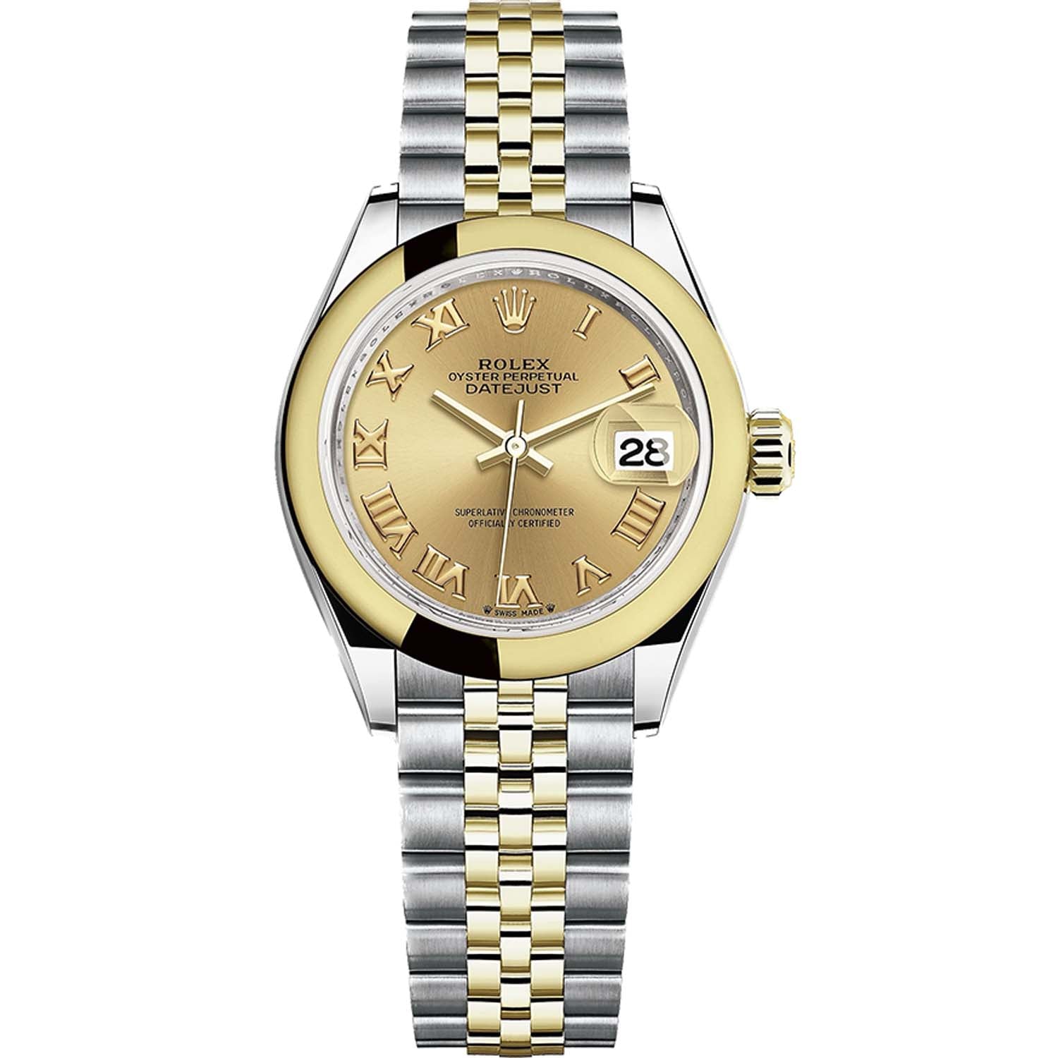 Rolex Lady-Datejust Champagne Roman Numeral Dial Domed Bezel 28mm 279163