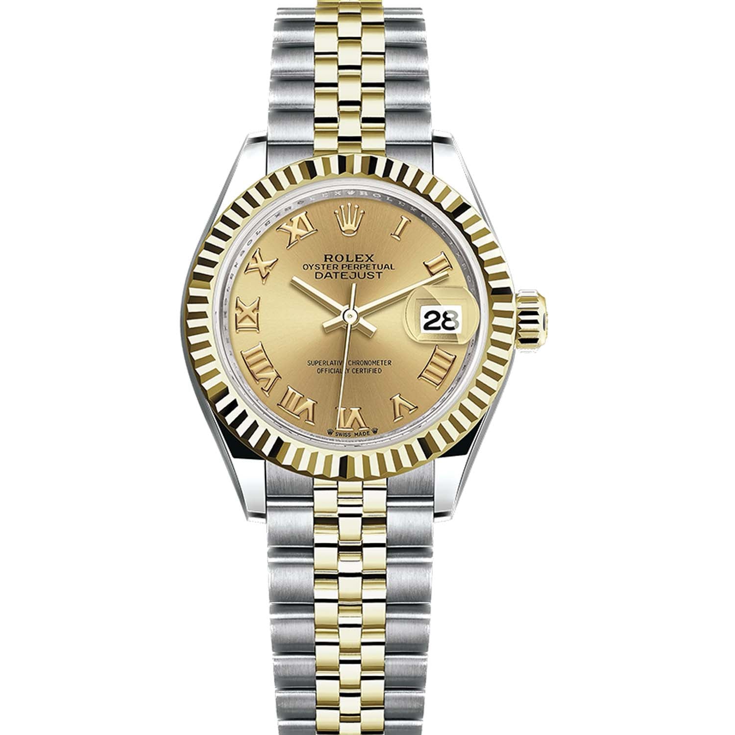 Rolex Lady-Datejust Champagne Roman Numeral Dial Fluted Bezel 28mm 279173