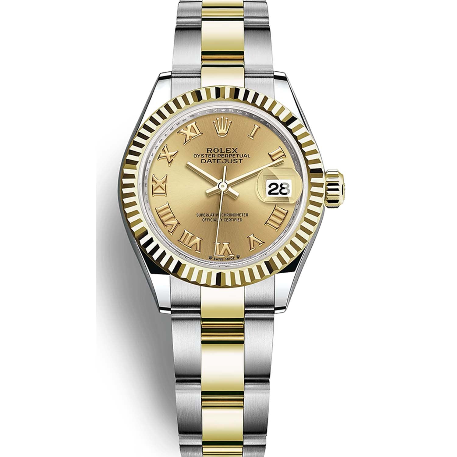 Rolex Lady-Datejust Champagne Roman Numeral Dial Fluted Bezel 28mm 279173