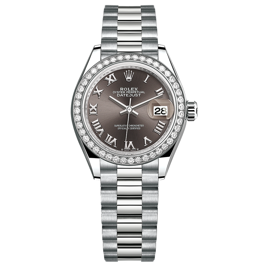 Rolex Lady-Datejust Dark Grey Roman Numeral Dial Diamond Bezel 28mm 279139RBR