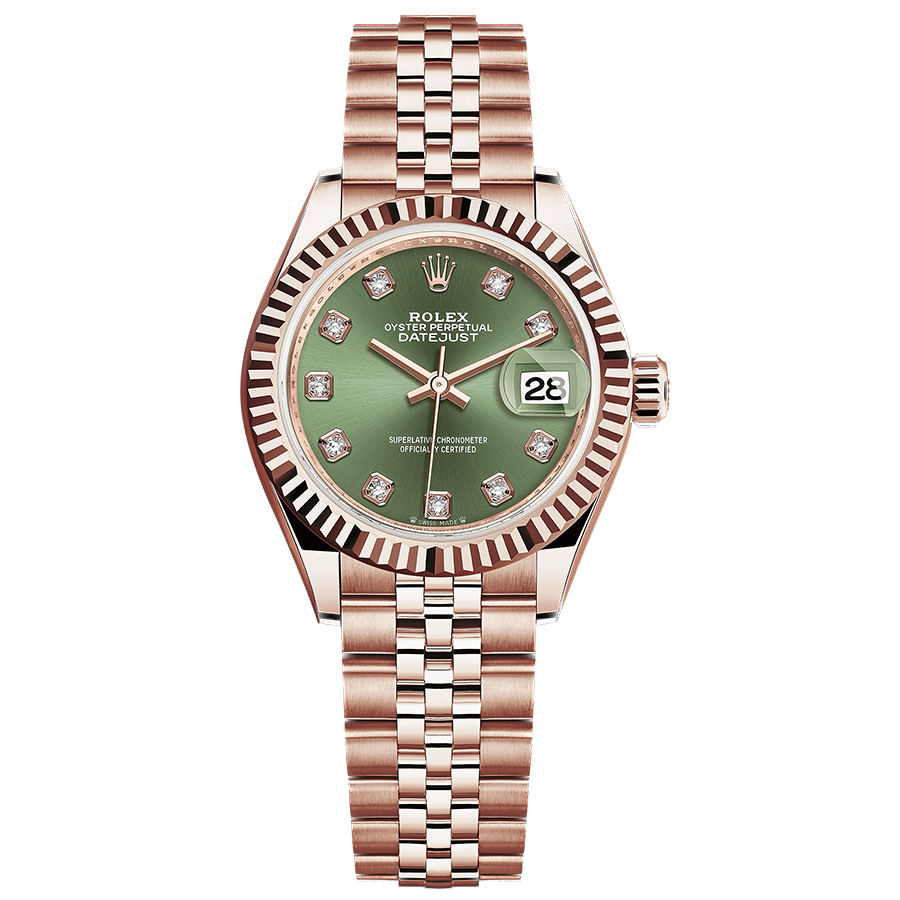 Rolex Lady-Datejust Olive-Green Diamond Dial Fluted Bezel 28mm 279175