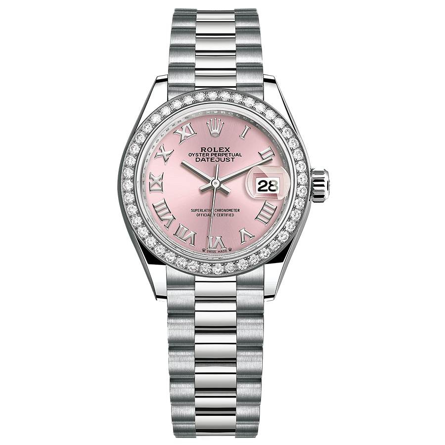 Rolex Lady-Datejust Pink Roman Numeral Dial Diamond Bezel 28mm 279139RBR