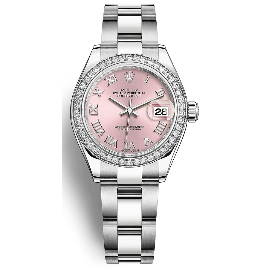 Rolex Lady-Datejust Pink Roman Numeral Dial Diamond Bezel 28mm 279384RBR