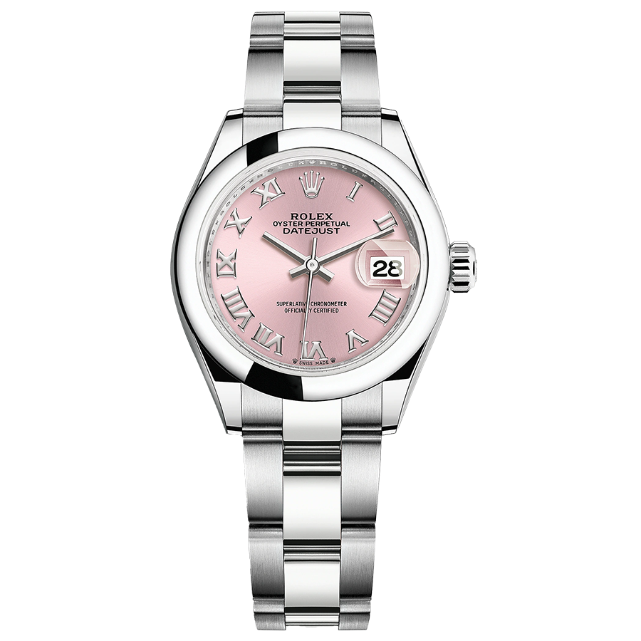 Rolex Lady-Datejust Pink Roman Numeral Dial Domed Bezel 28mm 279160