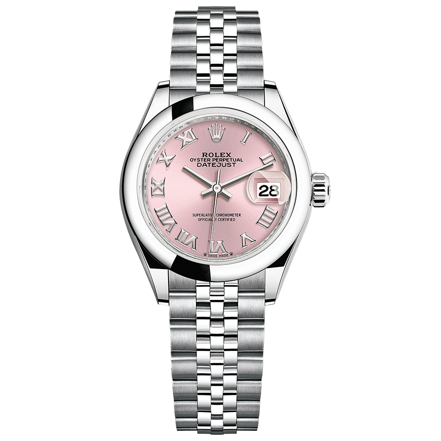 Rolex Lady-Datejust Pink Roman Numeral Dial Domed Bezel 28mm 279160