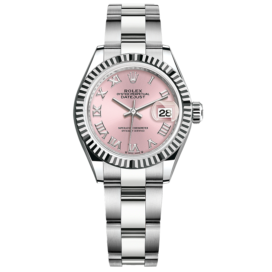 Rolex Lady-Datejust Pink Roman Numeral Dial Fluted Bezel 28mm 279174