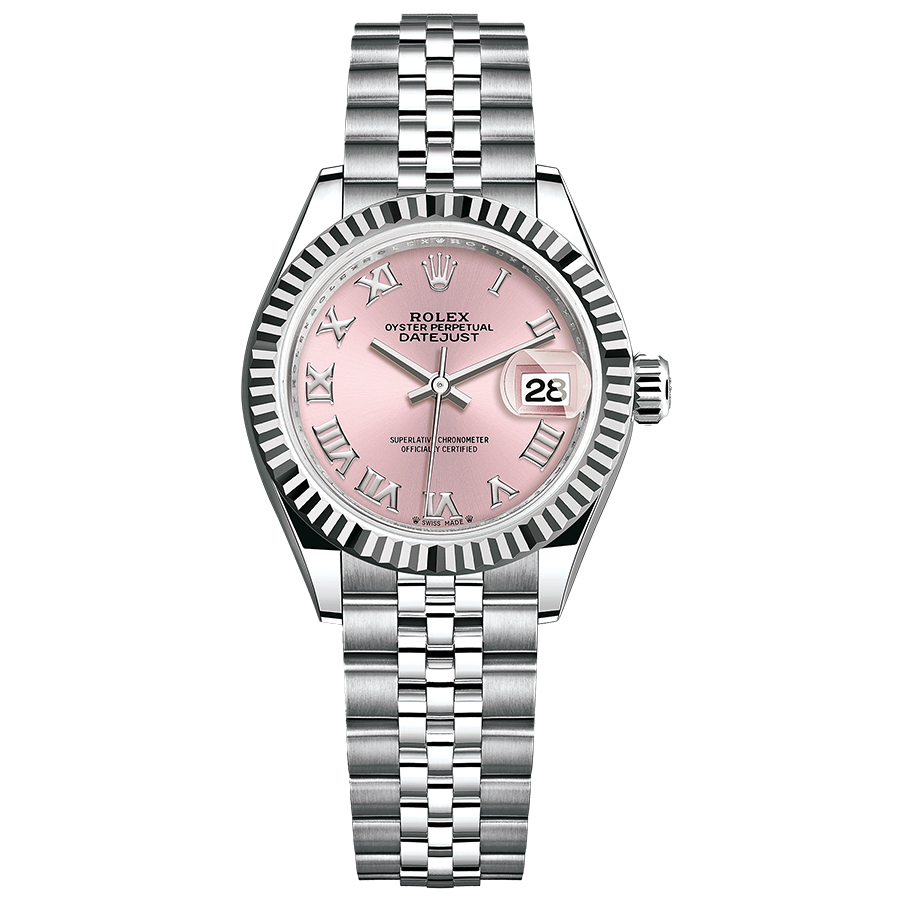 Rolex Lady-Datejust Pink Roman Numeral Dial Fluted Bezel 28mm 279174