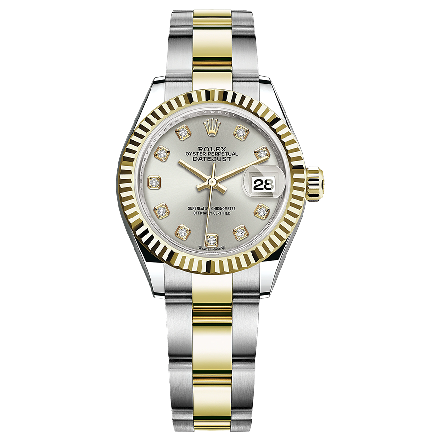 Rolex Lady-Datejust Silver Diamond Dial Fluted Bezel 28mm 279173